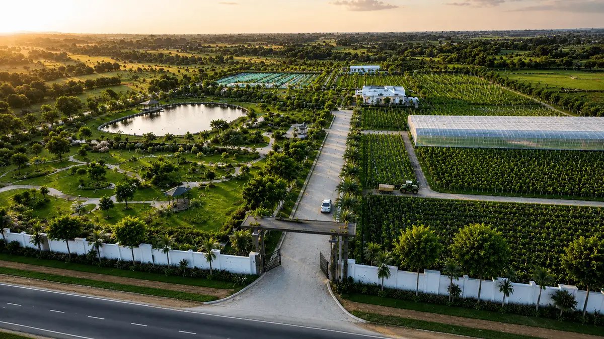 Smart farm estate with orchards, water bodies, and modern infrastructure showcasing integrated Farm360 agricultural management.